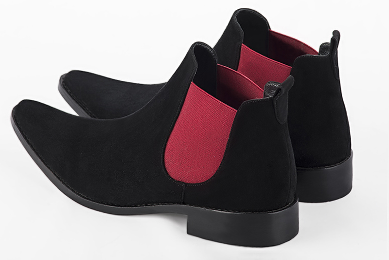 Matt black and cardinal red dress ankle boots for men. Tapered toe. Flat leather soles. Rear view - Florence KOOIJMAN